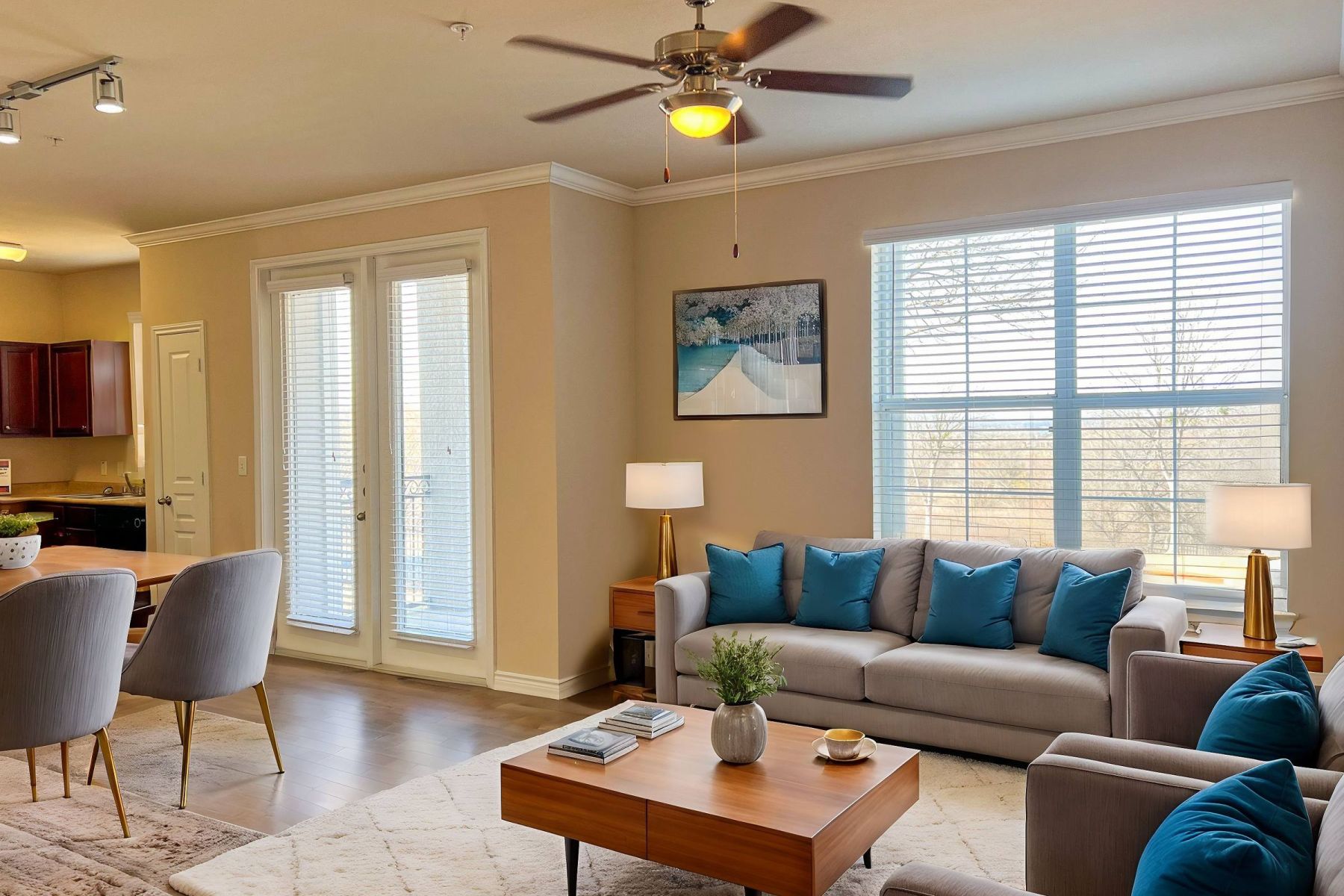 Luxury apartment kitchen with stainless steel appliances, granite countertops, and lots of storage space